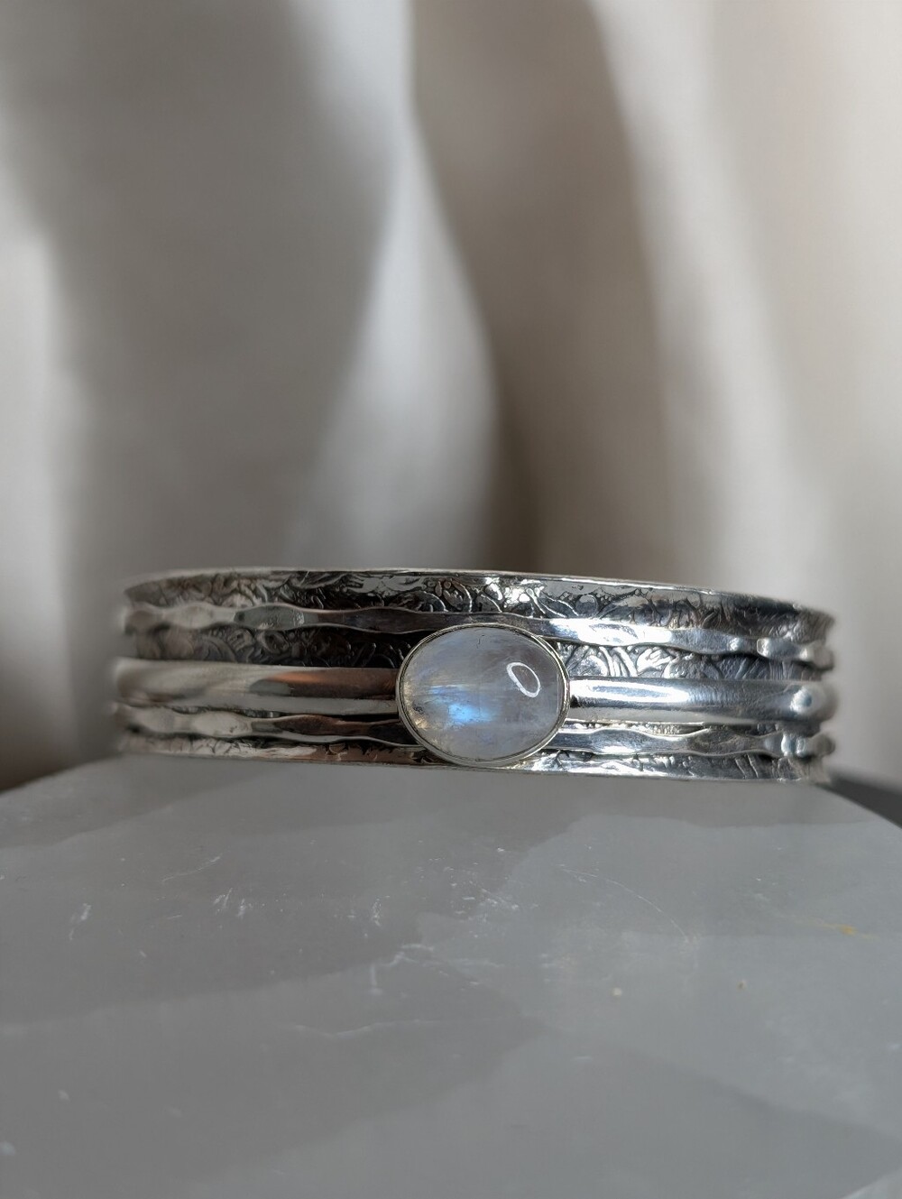Worry Bracelet Sterling Silver Moonstone Cuff Bracelet Boho Artisan Spinner Cuff